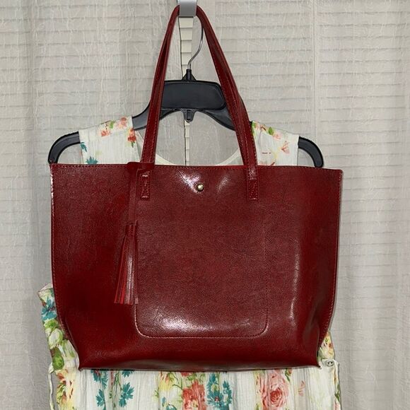Deep Red Faux Leather Tote - Picture 1 of 9